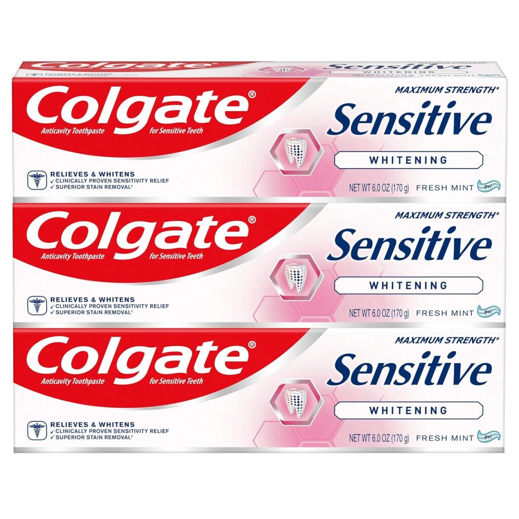 Colgate Whitening Toothpaste For Sensitive Teeth, Enamel Repair And Cavity Protection, Fresh Mint Gel, 6 Oz (Pack Of 3)