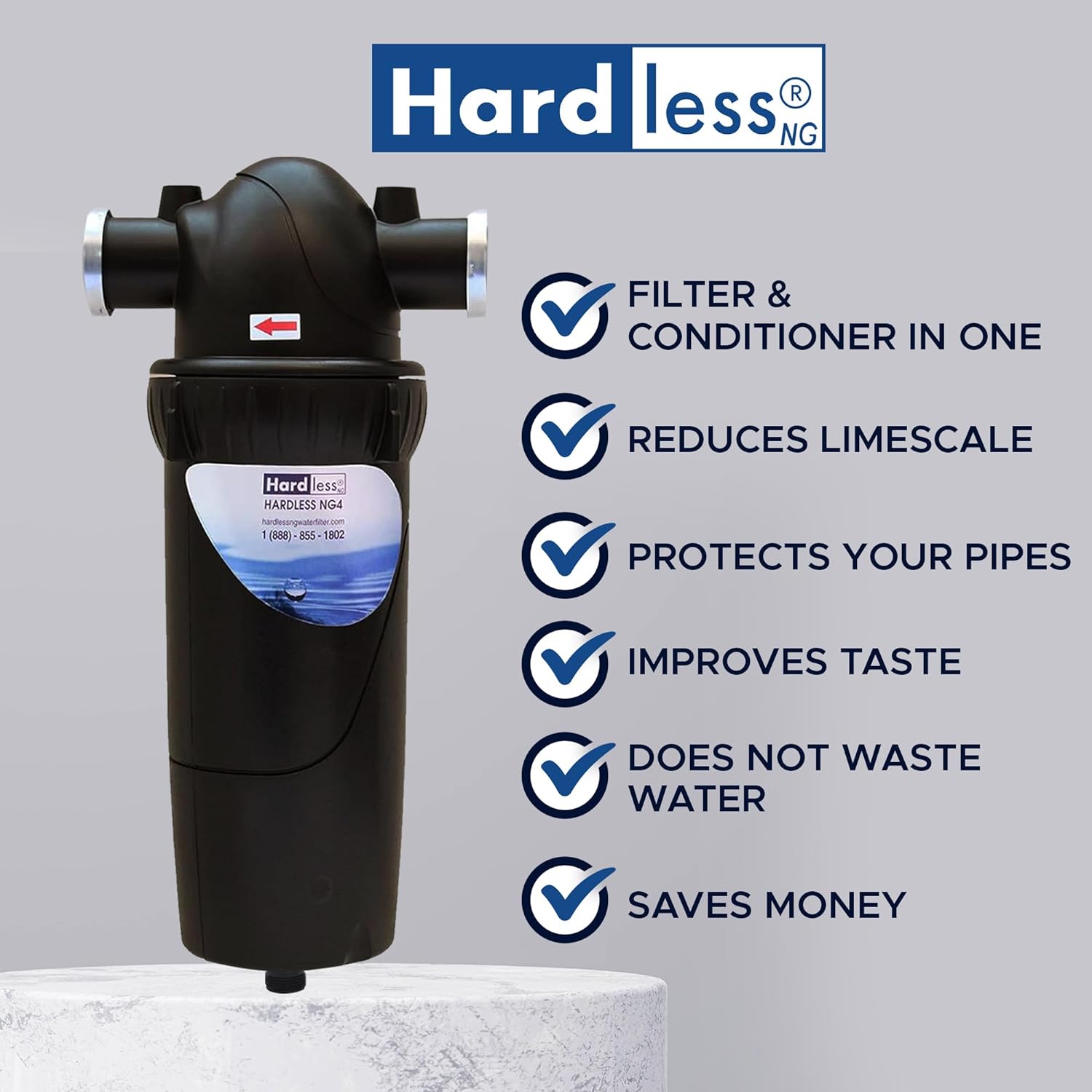 Hardless Ng4 Whole House Water Filter - Salt-Free Water Softener Alternative- Reduces Limescale, Sediment  More- Compact, Easy To Install- Comes With 3/4 Inlet/Outlet- Home Water Filtration System