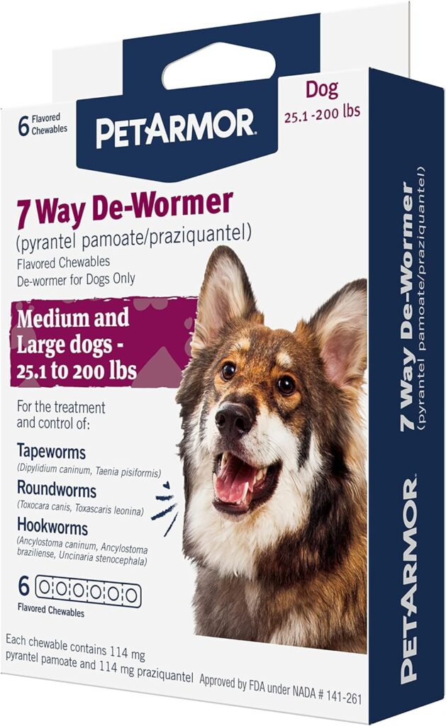 Petarmor 7 Way De-Wormer For Dogs, Oral Treatment For Tapeworm, Roundworm  Hookworm In Large Dogs  Puppies (Over 25 Lbs), Worm Remover (Praziquantel  Pyrantel Pamoate), 6 Flavored Chewables