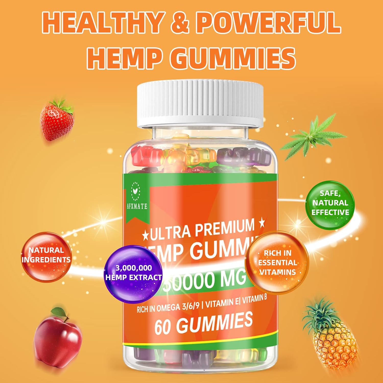 (2 Pack) Hemp Gummies, Fruity Edibles Gummy Advanced 100% Natural High Potency Hemp Oil Infused Gummies - 120 Gummies
