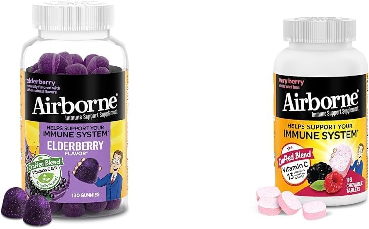 Airborne Elderberry + Zinc  Vitamin C Gummies For Adults, Immune Support Vitamin D  Zinc Gummies With Powerful Antioxidant Vitamins C D  E - 50 Gummies, Elderberry Flavor