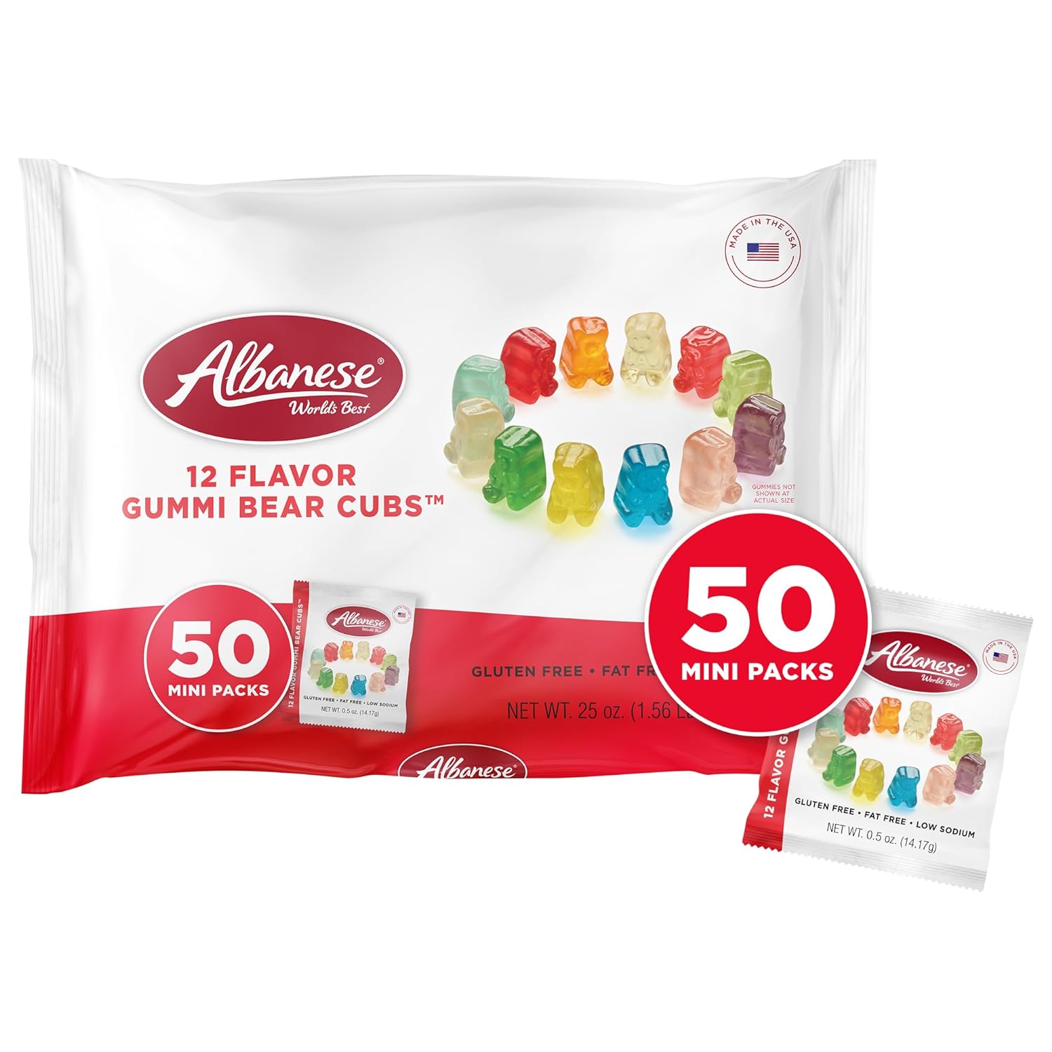 Albanese Worlds Best Gummi Snack Packs, 12 Flavor Gummi Bear Cubs, Valentines Day Candy, 50 - 0.5Oz Mini Packs