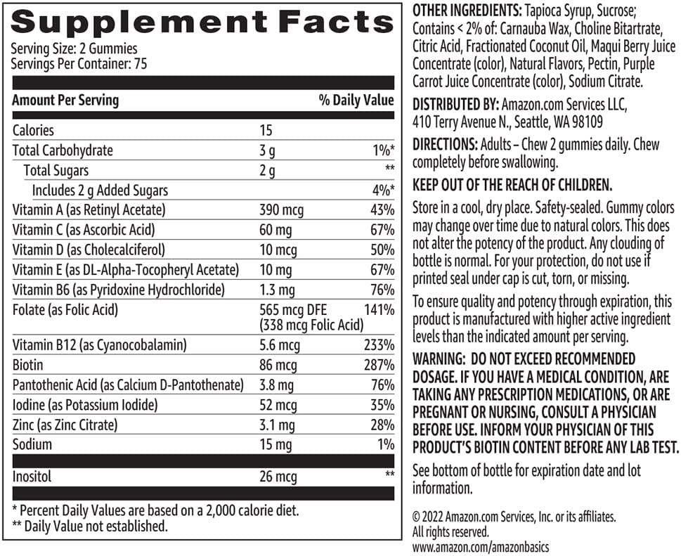 Amazon Basics Adult Multivitamin, 150 Gummies, 75-Day Supply, Mixed Berry  Cherry (Previously Solimo)