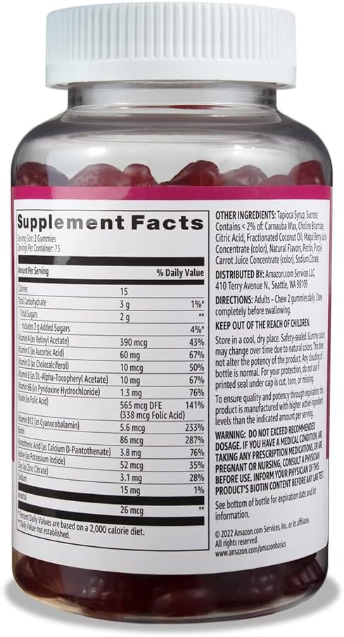 Amazon Basics Adult Multivitamin, 150 Gummies, 75-Day Supply, Mixed Berry  Cherry (Previously Solimo)