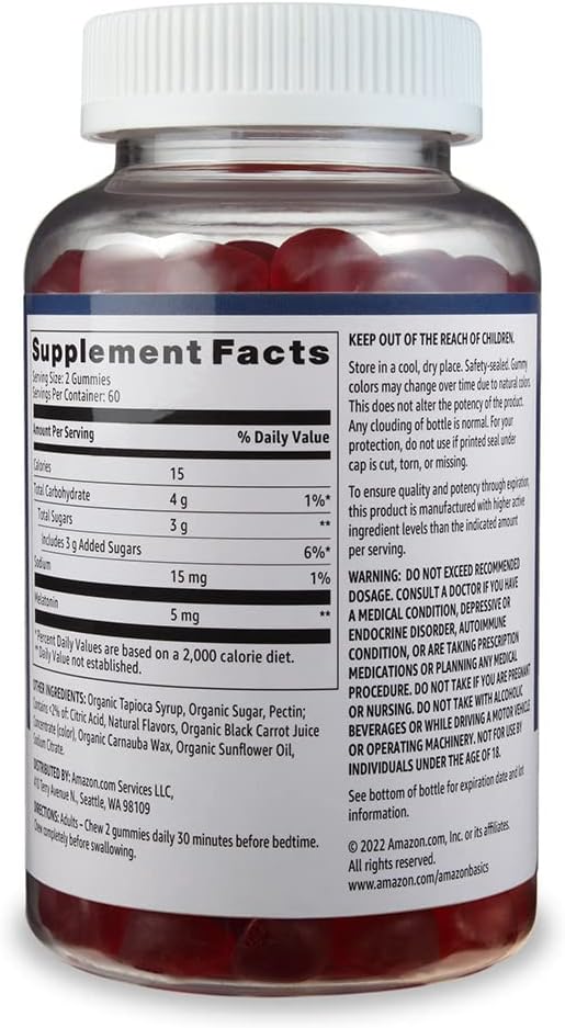 Amazon Basics Melatonin 5Mg, 120 Gummies (2 Per Serving), Strawberry (Previously Solimo)