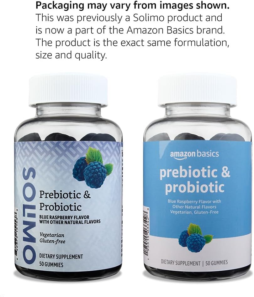 Amazon Basics Prebiotic  Probiotic Gummies, 2 Billion Cfu, Blue Raspberry, 50 Count (2 Per Serving) (Previously Solimo)