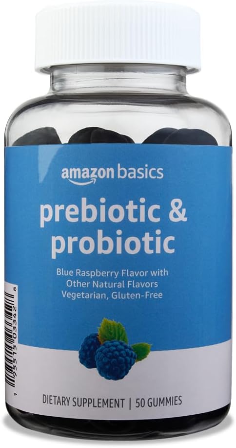 Amazon Basics Prebiotic  Probiotic Gummies, 2 Billion Cfu, Blue Raspberry, 50 Count (2 Per Serving) (Previously Solimo)