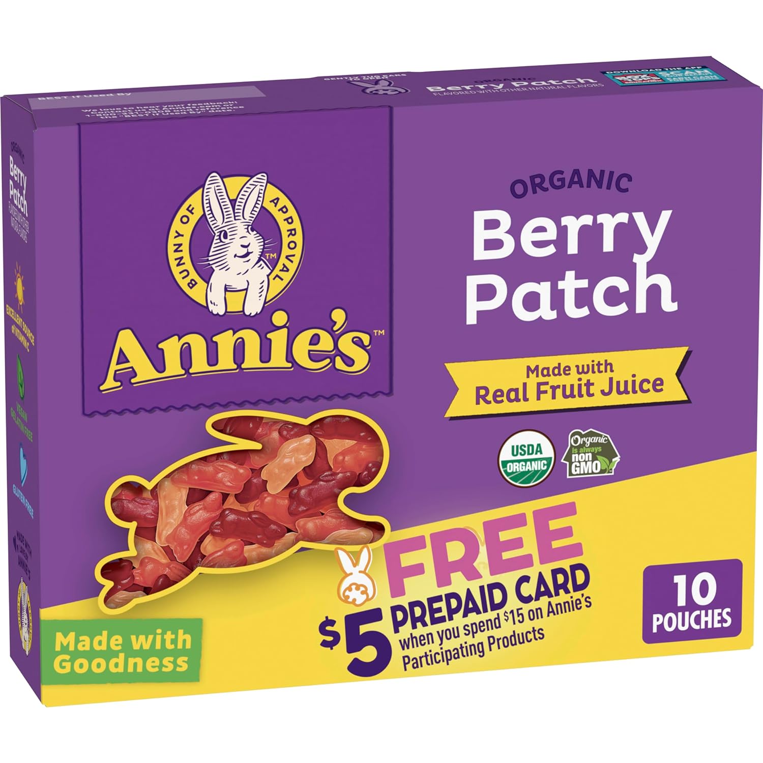 Annies Organic Berry Patch Bunny Fruit Flavored Snacks, Gluten Free, 10 Pouches, 7 Oz.