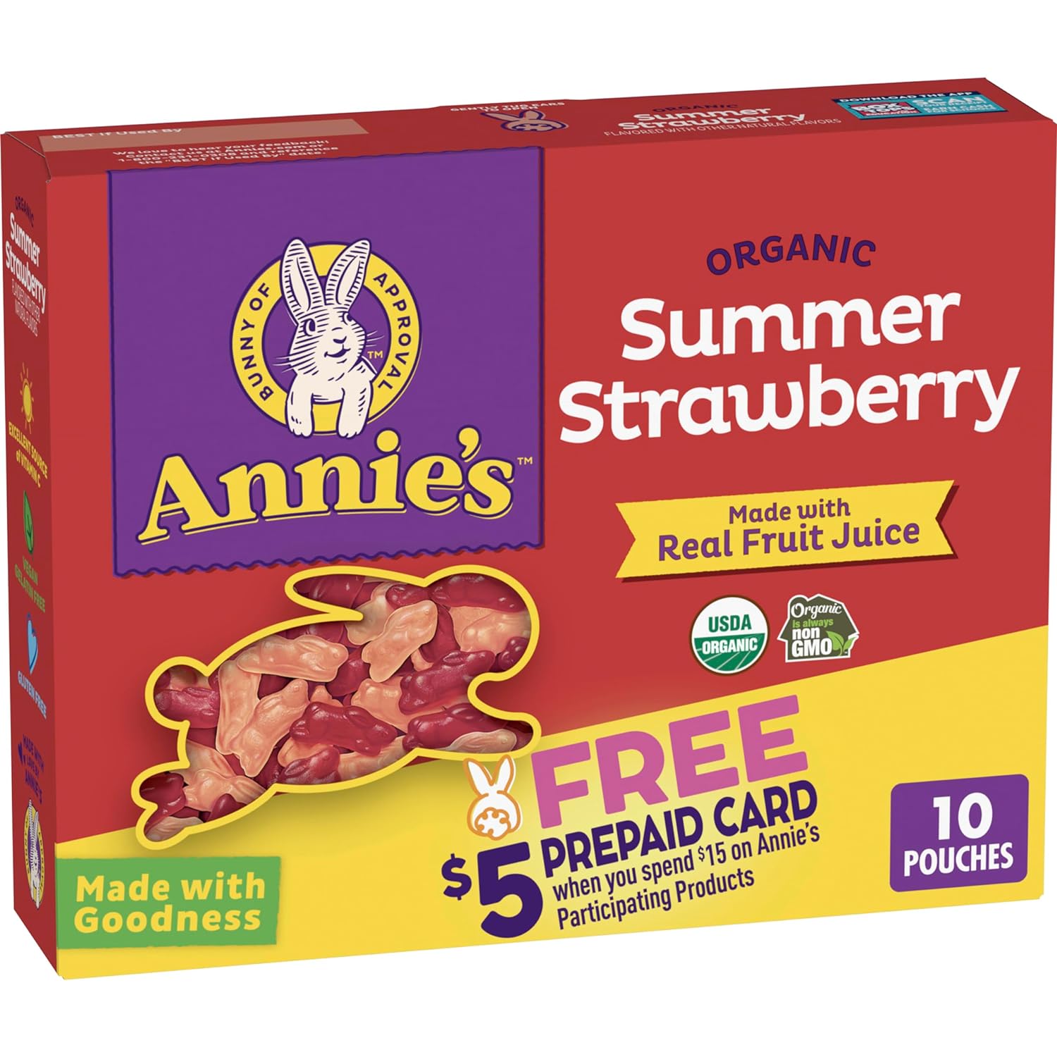 Annies Organic Bunny Fruit Flavored Snacks, Summer Strawberry, Gluten Free, 10 Pouches, 7 Oz.