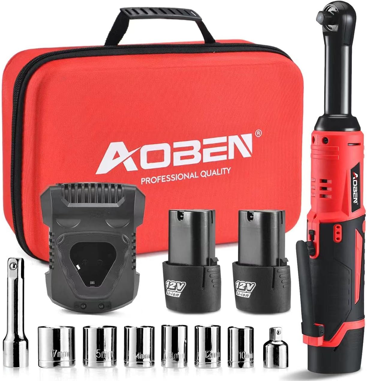 Aoben Cordless Electric Ratchet Wrench Set, 3/8 12V Power Ratchet Tool Kit With 2 Packs 2000Mah Lithium-Ion Battery And Charger