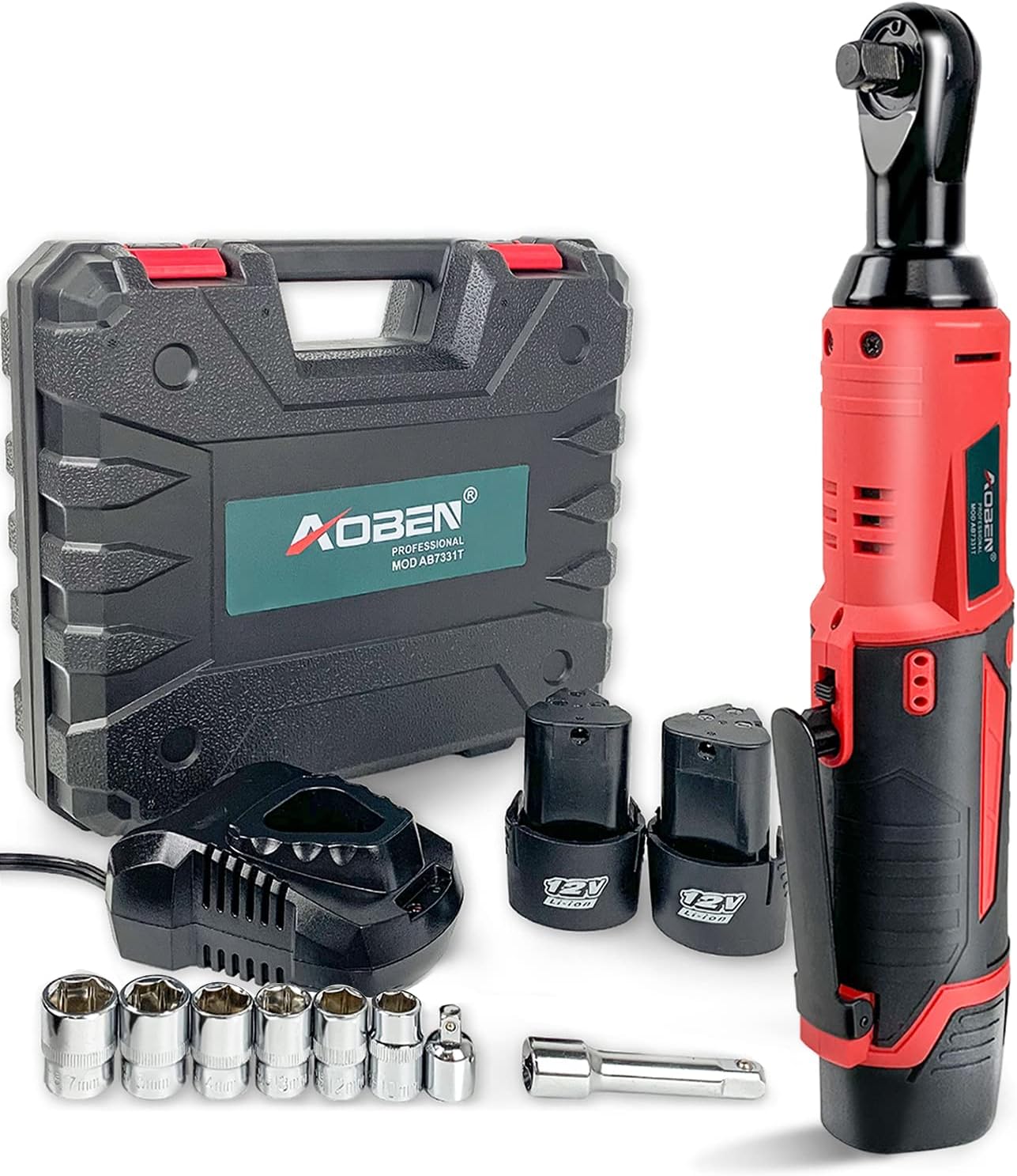 Aoben Cordless Electric Ratchet Wrench Set, 3/8 12V Power Ratchet Tool Kit With 2 Packs 2000Mah Lithium-Ion Battery And Charger