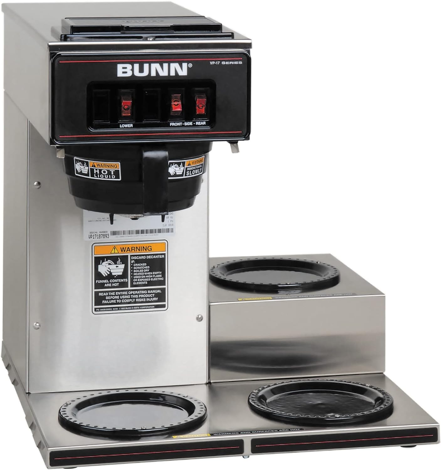 Bunn Vp17-3, 12-Cup Low Profile Pourover Commercial Coffee Maker, 3 Lower Warmers, 13300.0003,Silver