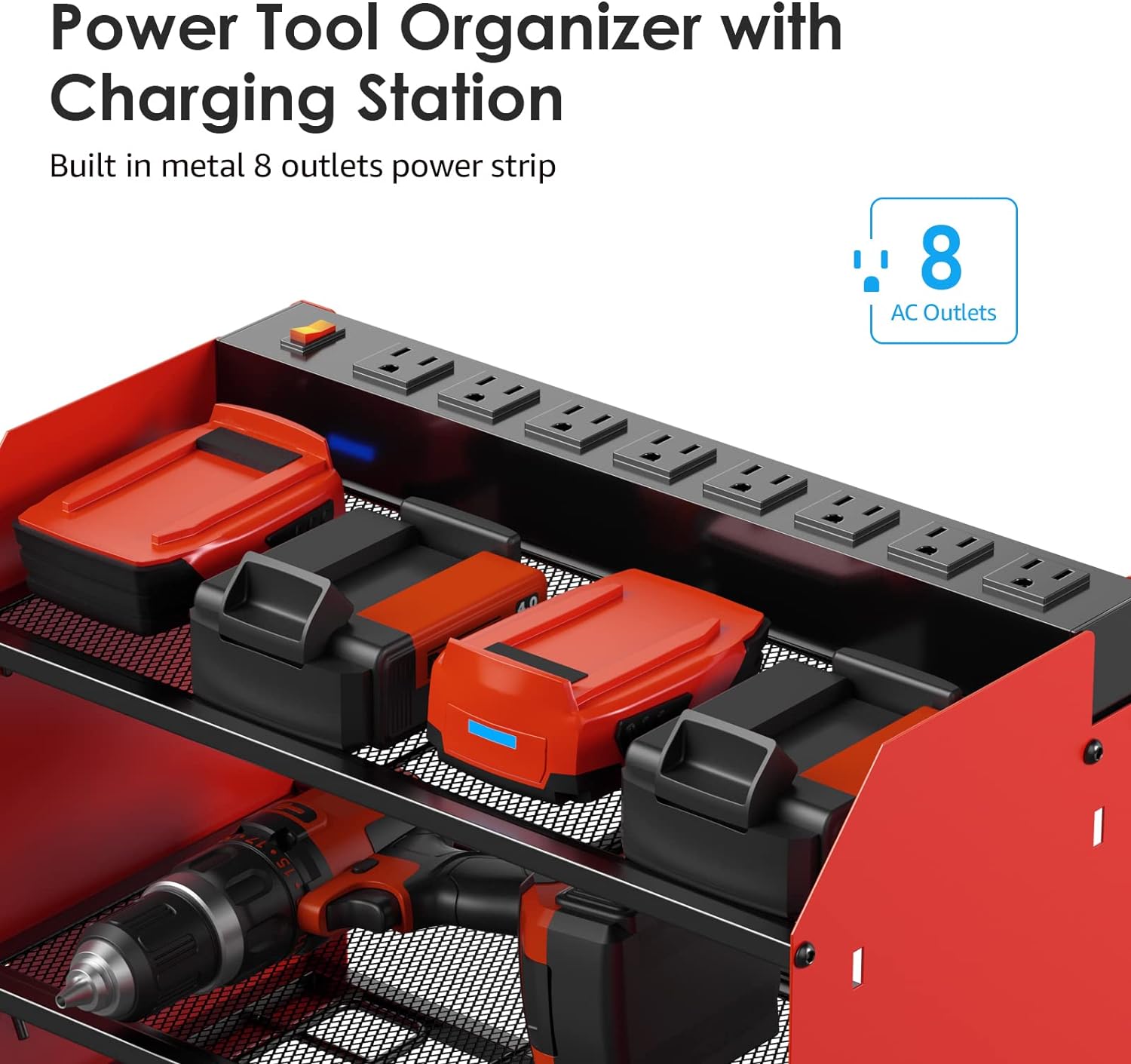 Cccei Modular Power Tool Organizer Wall Mount With Charging Station. Garage 4 Drill Storage Shelf With Hooks, Screwdriver, Drill Bit Heavy Duty Rack, Tool Battery Holder Built In 8 Outlet Power Strip.