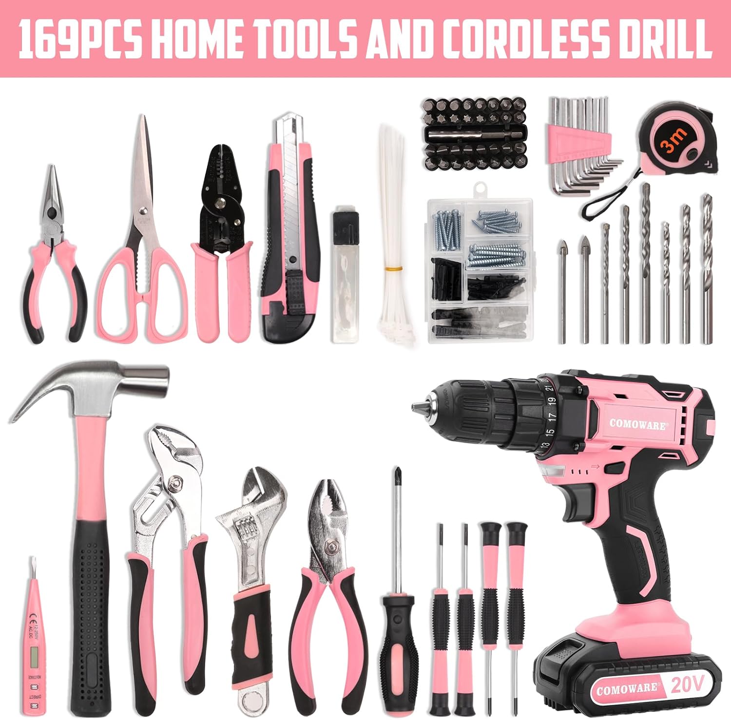 Comoware 169Pcs Home Tool Kit With Drill, Pink Drill Set For Women, Ladys Home Repairing Tool Kit With 20V Power Drill, With A Large-Capacity Tool Storage Bag