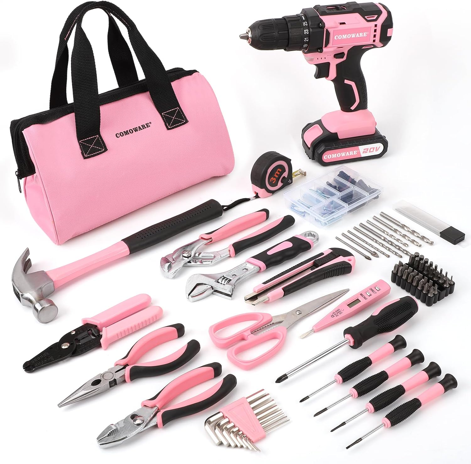 Comoware 169Pcs Home Tool Kit With Drill, Pink Drill Set For Women, Ladys Home Repairing Tool Kit With 20V Power Drill, With A Large-Capacity Tool Storage Bag