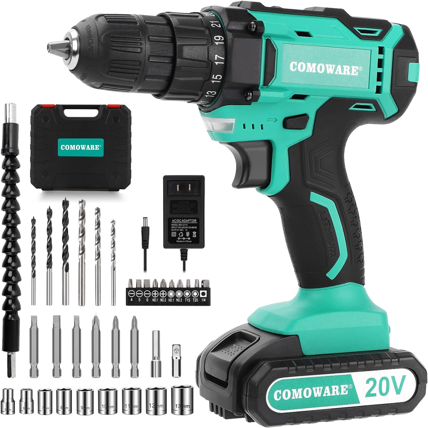 Comoware 20V Cordless Drill, Electric Power Drill Set With 1 Battery  Charger, 3/8” Keyless Chuck, 2 Variable Speed, 266 In-Lb Torque, 25+1 Position And 34Pcs Drill/Driver Bits