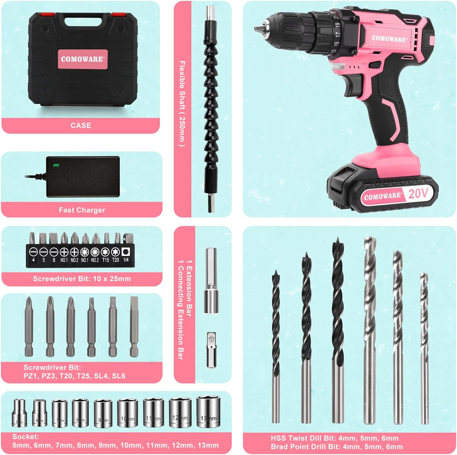 Comoware 20V Cordless Drill, Electric Power Drill Set With 1 Battery  Charger, 3/8” Keyless Chuck, 2 Variable Speed, 266 In-Lb Torque, 25+1 Position And 34Pcs Drill/Driver Bits