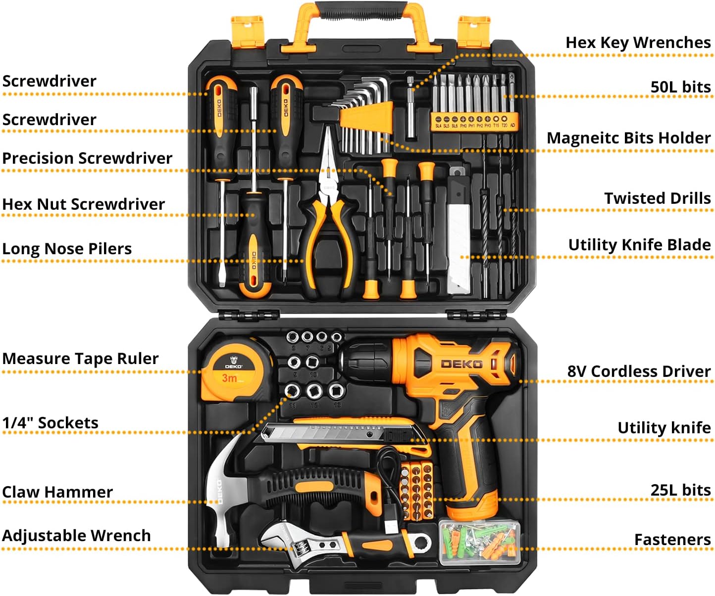 Dekopro 126 Piece Power Tool Combo Kits With 8V Cordless Drill, 10Mm 3/8 Keyless Chuck, Professional Household Home Diy Hand Tool Kits For Garden Office House Repair