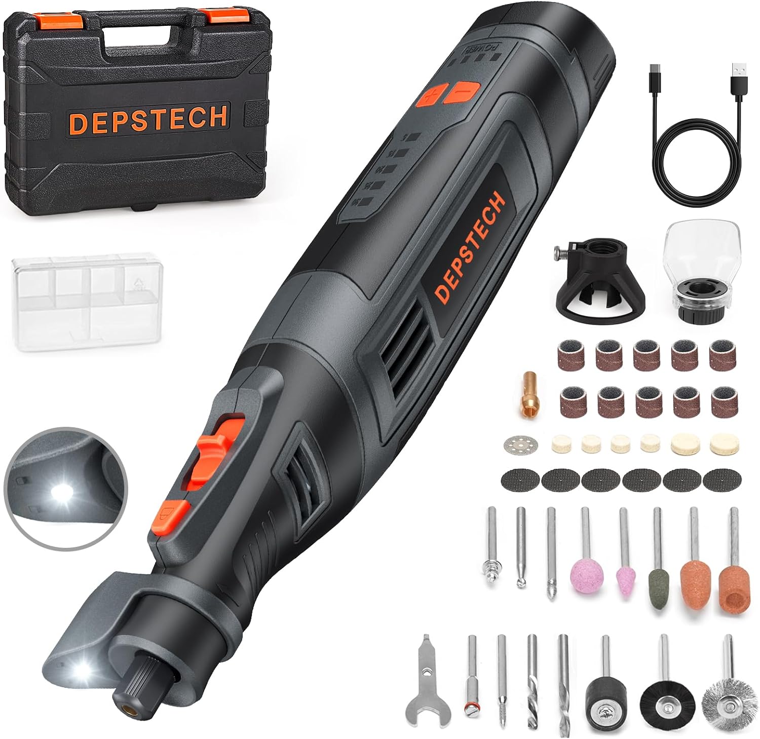 Depstech Cordless Rotary Tool Kit, 8V 2.5Ah Larger Battery, 5-Speed 30000Rpm Max, Led Work Light, Power Multi Tool 47Pcs Durable Accessories Set For Carving, Polishing, Sanding, Drilling, Diy Crafts