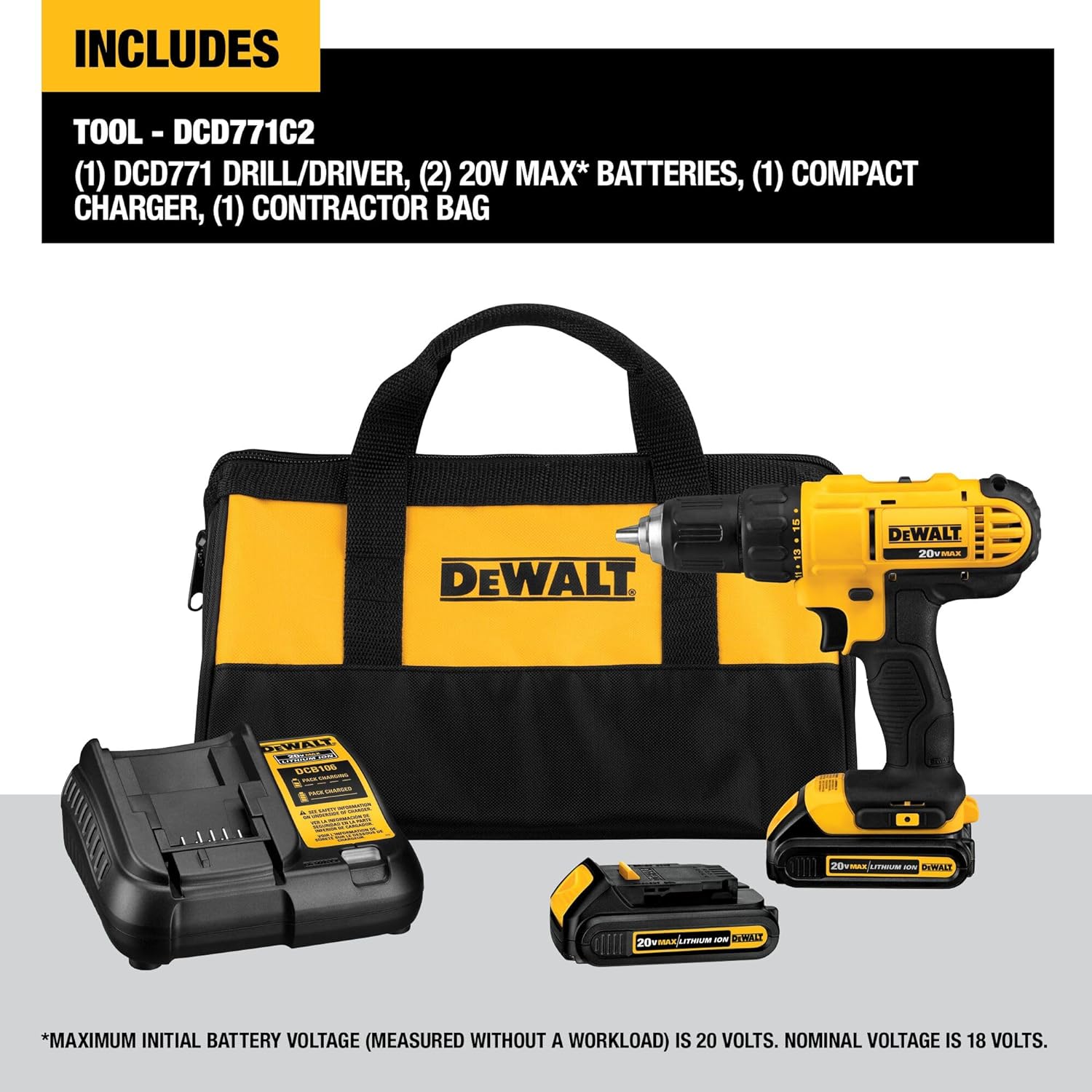 Dewalt 20V Max Cordless Drill / Driver Kit, Compact, 1/2-Inch (Dcd771C2), Dewalt Yellow