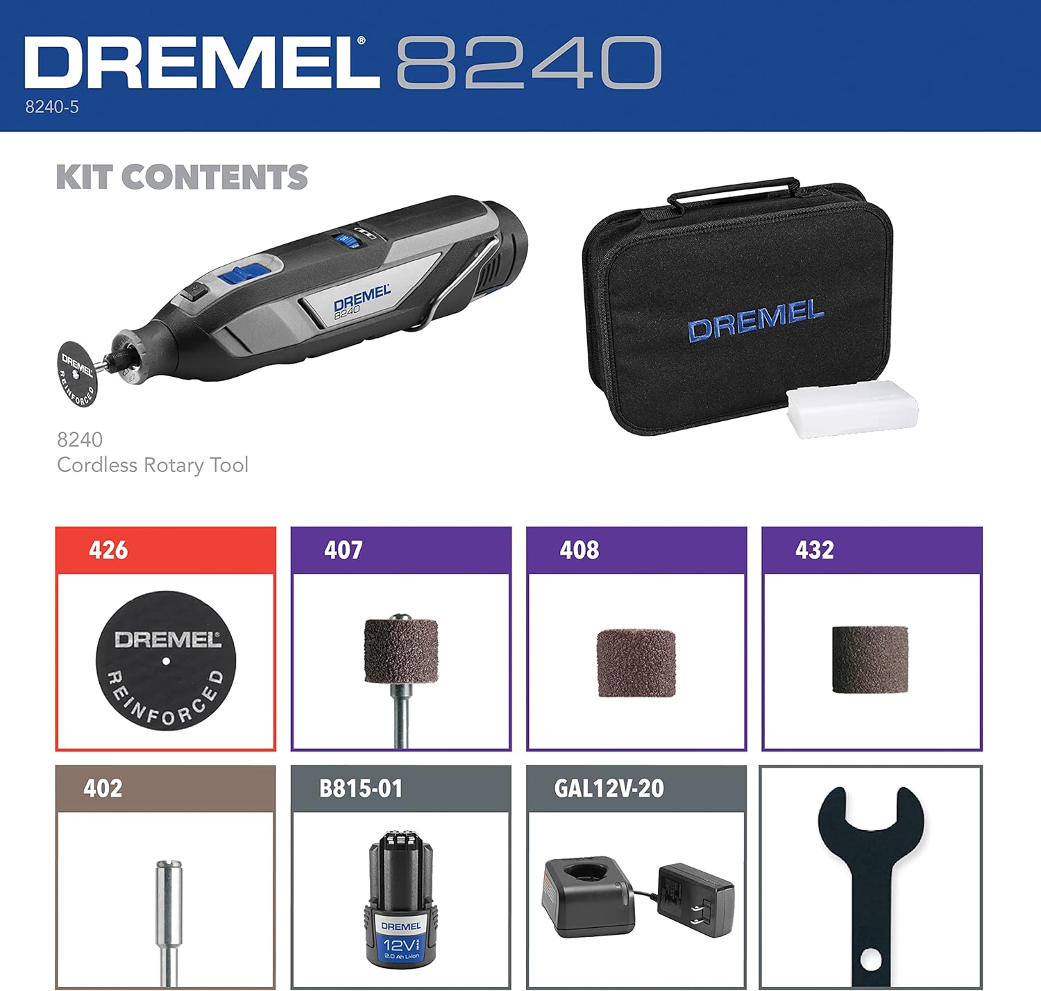 Dremel 8240 12V Cordless Rotary Tool Kit With Variable Speed And Comfort Grip - Includes 2Ah Battery Pack, Charger, 5 Accessories  Wrench, Tool Fabric Carry Bag, And Instruction Manual