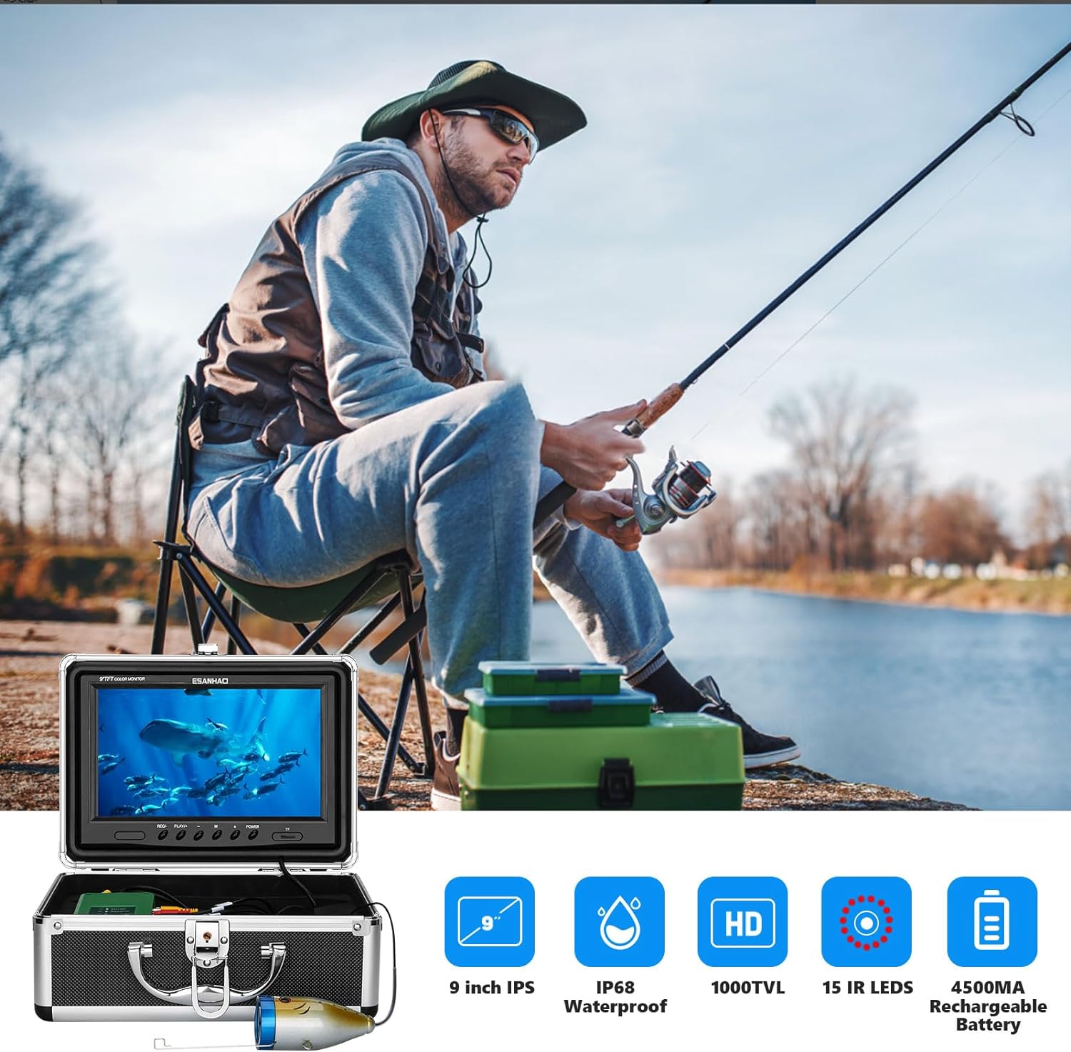 Esanhao Underwater Viewer Fishing Camera,9 Inch Lcd Monitor Dvr Recorder Video Fish Finder Camera Waterproof 1000Tvl,98Ft 15Pcs White Leds And 15Pcs Infrared Lamp For Ice/Sea/River Fishing