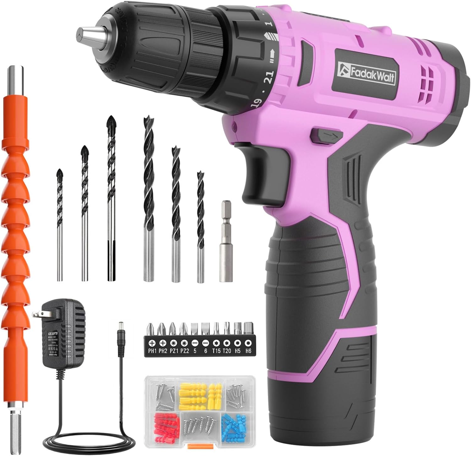 Fadakwalt Cordless Drill Set, 12V Power Drill Set With Battery And Charger, 3/8 Keyless Chuck, 21+1 Torque Setting, 180 Inch-Lbs, Pink Electric Drill For Womens Garden Diy Projects（Pink)