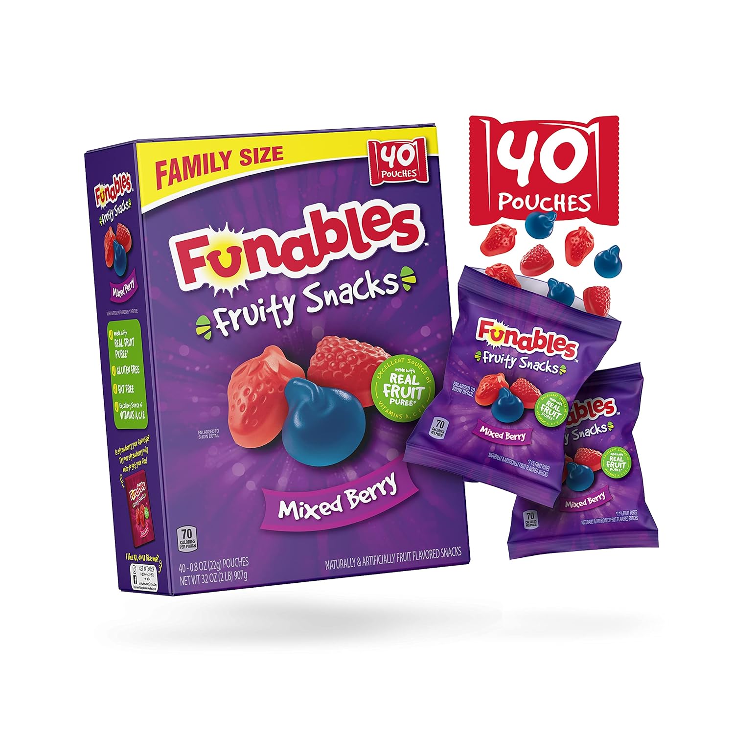 Funables Fruity Snacks, Mixed Berry Fruit Flavored Snacks, Pack Of 40 0.8 Ounce Pouches