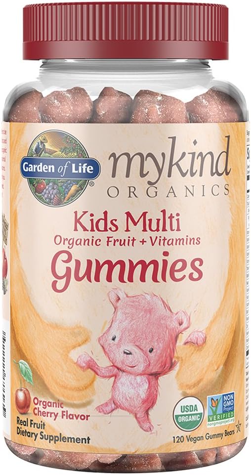 Garden Of Life Organics Kids Gummy Vitamins - Fruit - Certified Organic, Non-Gmo  Vegan Complete Childrens Multi - B12, C  D3 - Gluten, Soy  Dairy Free, 120 Real Fruit Chew Gummies