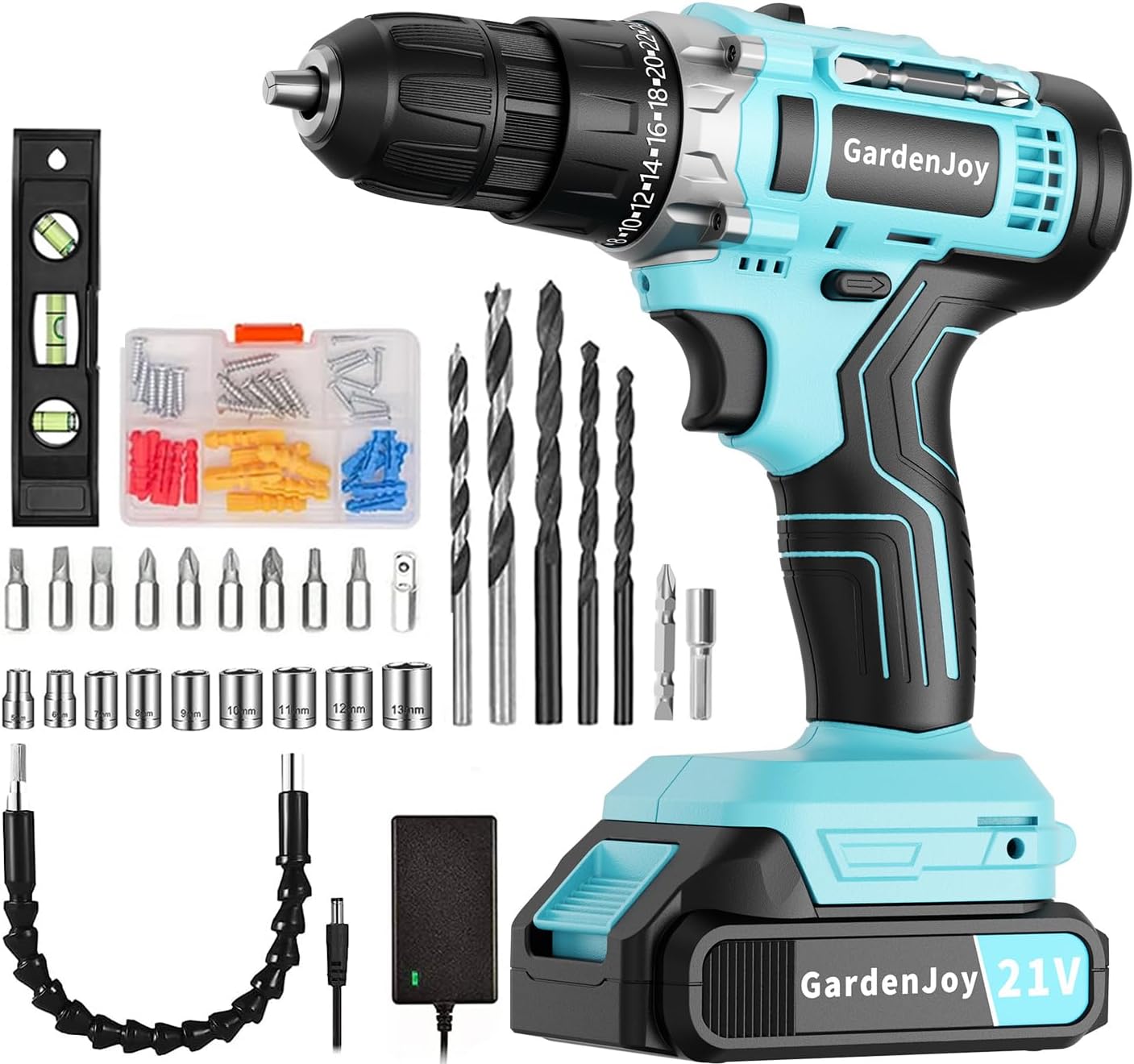 Gardenjoy Cordless Power Drill Set - 21V Electric Drill Driver Kit With Battery And Fast Charger, 65Pcs Acessories, 2 Variable Speed Control, 3/8-Inch Keyless Chuck And 24+1 Torque Setting