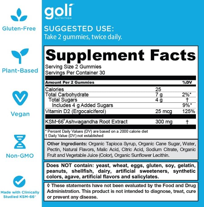 Goli Ashwagandha  Vitamin D Gummy - 60 Count - Mixed Berry, Ksm-66, Vegan, Plant Based, Non-Gmo, Gluten-Free  Gelatin Free Relax. Restore. Unwind, Pack Of 1