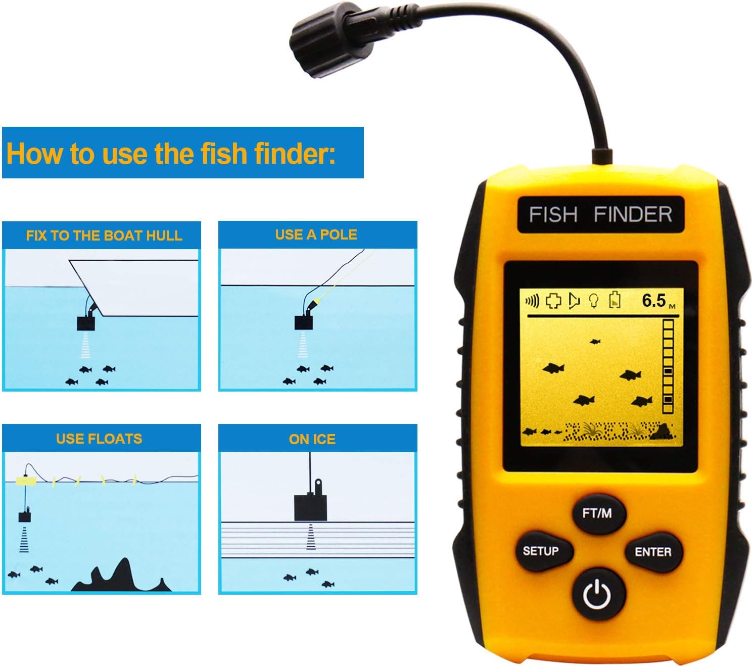 Handheld Fish Finder Portable Fishing Kayak Fishfinder Fish Depth Finder Fishing Gear With Sonar Transducer And Lcd Display