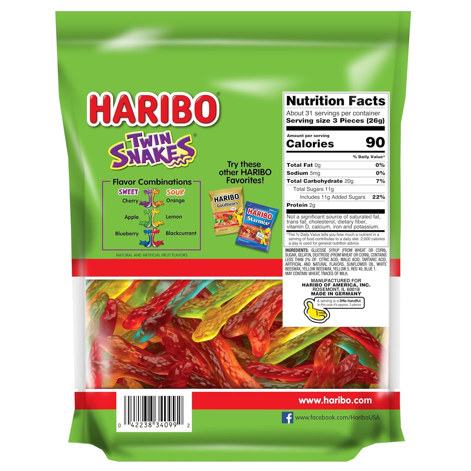 Haribo Gummi Candy, Twin Snakes, 28.8 Oz. Stand Up Bag