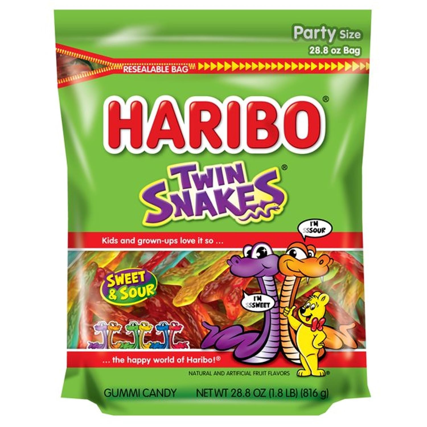 Haribo Gummi Candy, Twin Snakes, 28.8 Oz. Stand Up Bag