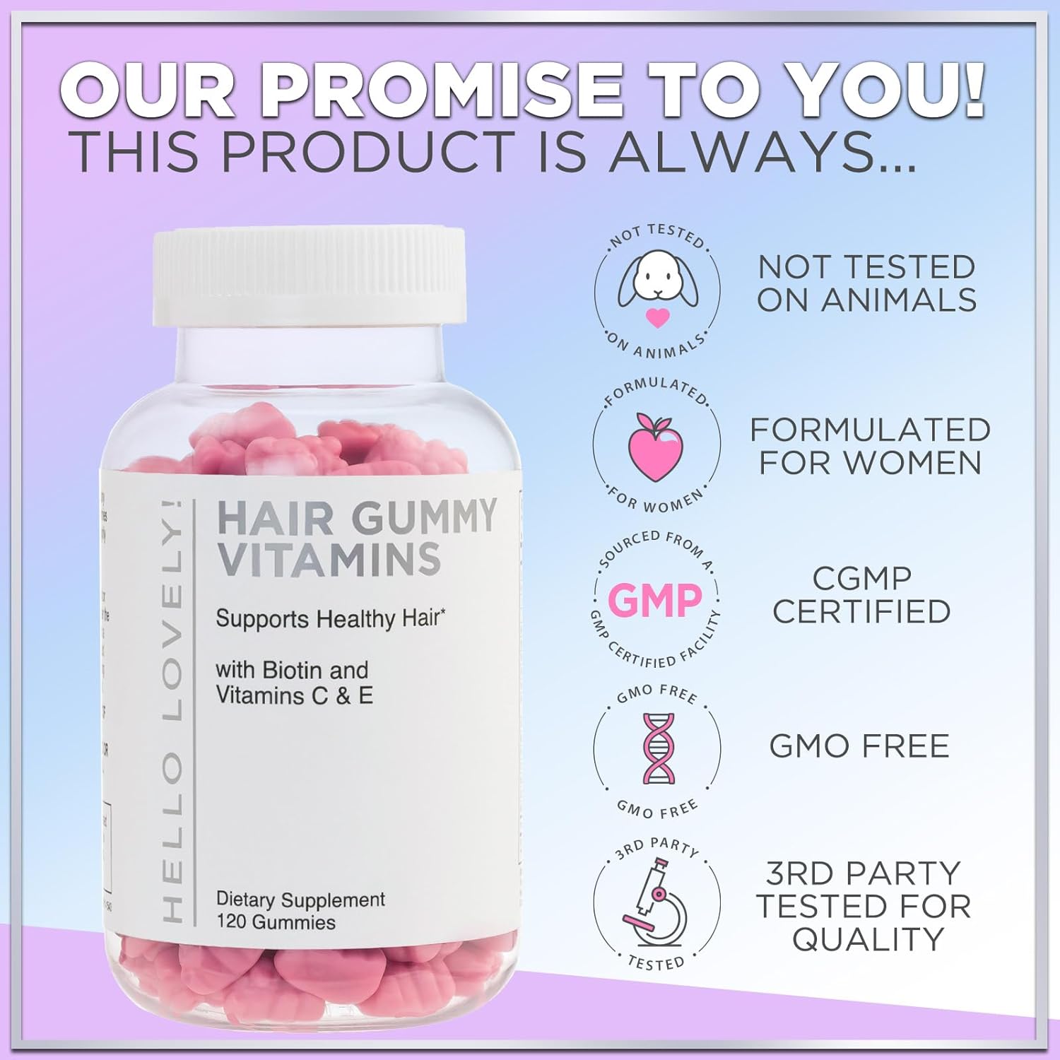 Hello Lovely! Hair Vitamins Gummies With Biotin 5000 Mcg Vitamin E  C Support Hair Growth, Premium Vegetarian Non-Gmo, For Stronger Beautiful Hair  Nails Supplement - 120 Gummy Bears