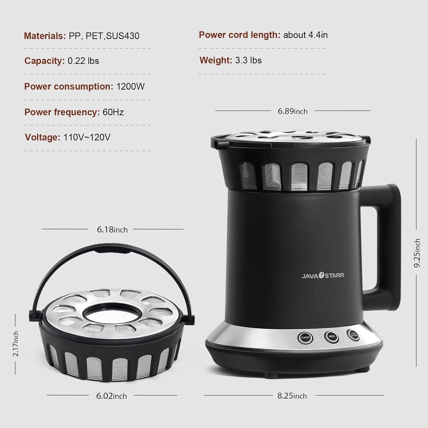 Javastarr Electric Coffee Roasters Machine For Home Use 1200W, One-Touch Control Coffee Bean Baker Roaster Med And Dark Two Baking Modes Are Optional,Coffee Bean Roasting Machine 110V~120V