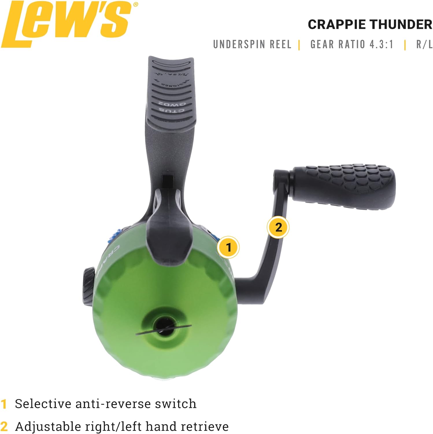 Lews Crappie Thunder Underspin Fishing Reel, 4.3:1 Gear Ratio, Right Or Left-Hand Retrieve, Crappie Thunder Green