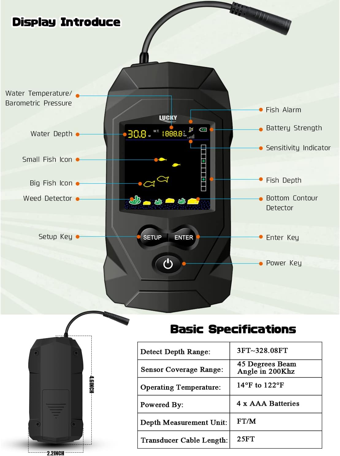 Lucky Display Portable Fish Finder Sensor Wired Handheld Depth Finder Sonar Sea Kayak Fish Finders Transducer