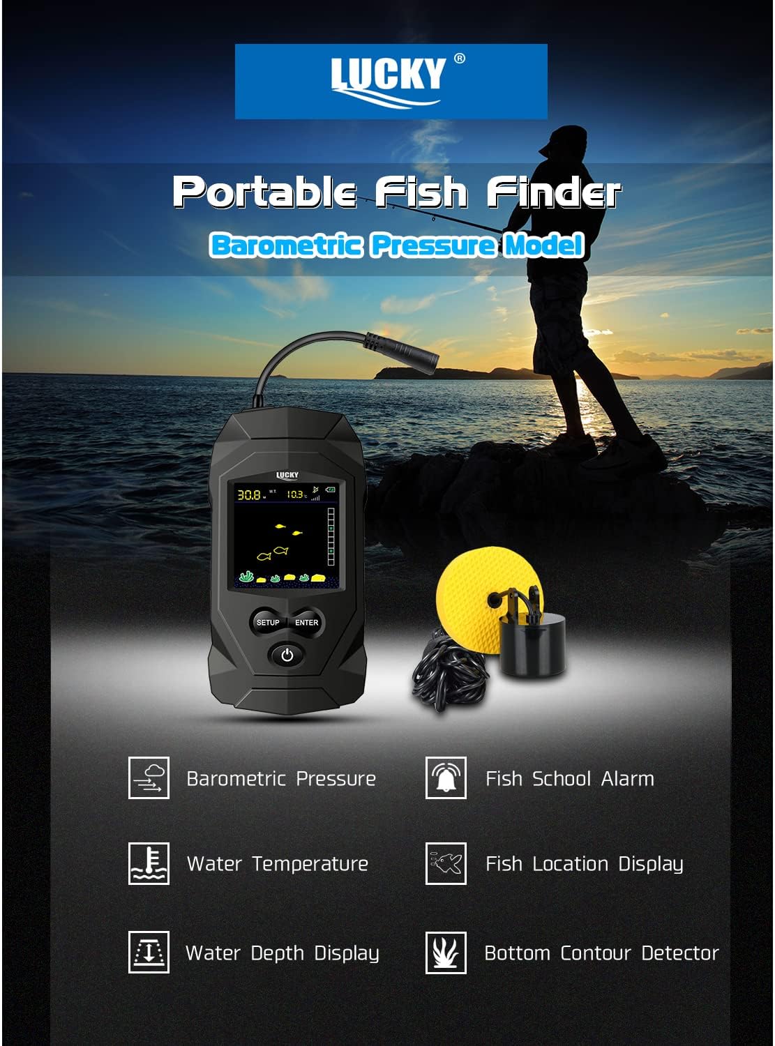 Lucky Display Portable Fish Finder Sensor Wired Handheld Depth Finder Sonar Sea Kayak Fish Finders Transducer