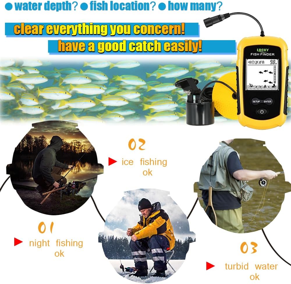 Lucky Kayak Handheld Fish Finder Sonar Lcd Wired Fish Finder Transducer Boat Water Depth Finders Display Ff1108-1