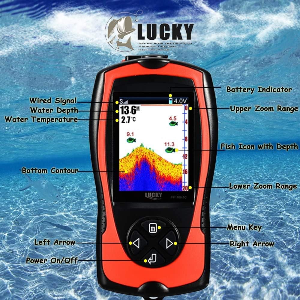 Lucky Portable Fish Finder Transducer Sonar Sensor 147 Feet Water Depth Finder Lcd Screen Echo Sounder Fishfinder With Fish Attractive Lamp For Ice Fishing Sea Fishing