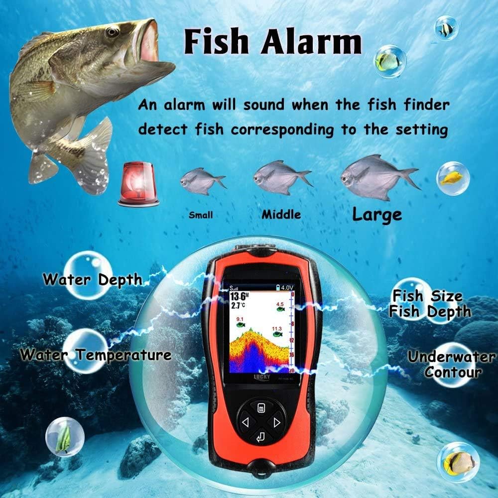 Lucky Portable Fish Finder Transducer Sonar Sensor 147 Feet Water Depth Finder Lcd Screen Echo Sounder Fishfinder With Fish Attractive Lamp For Ice Fishing Sea Fishing