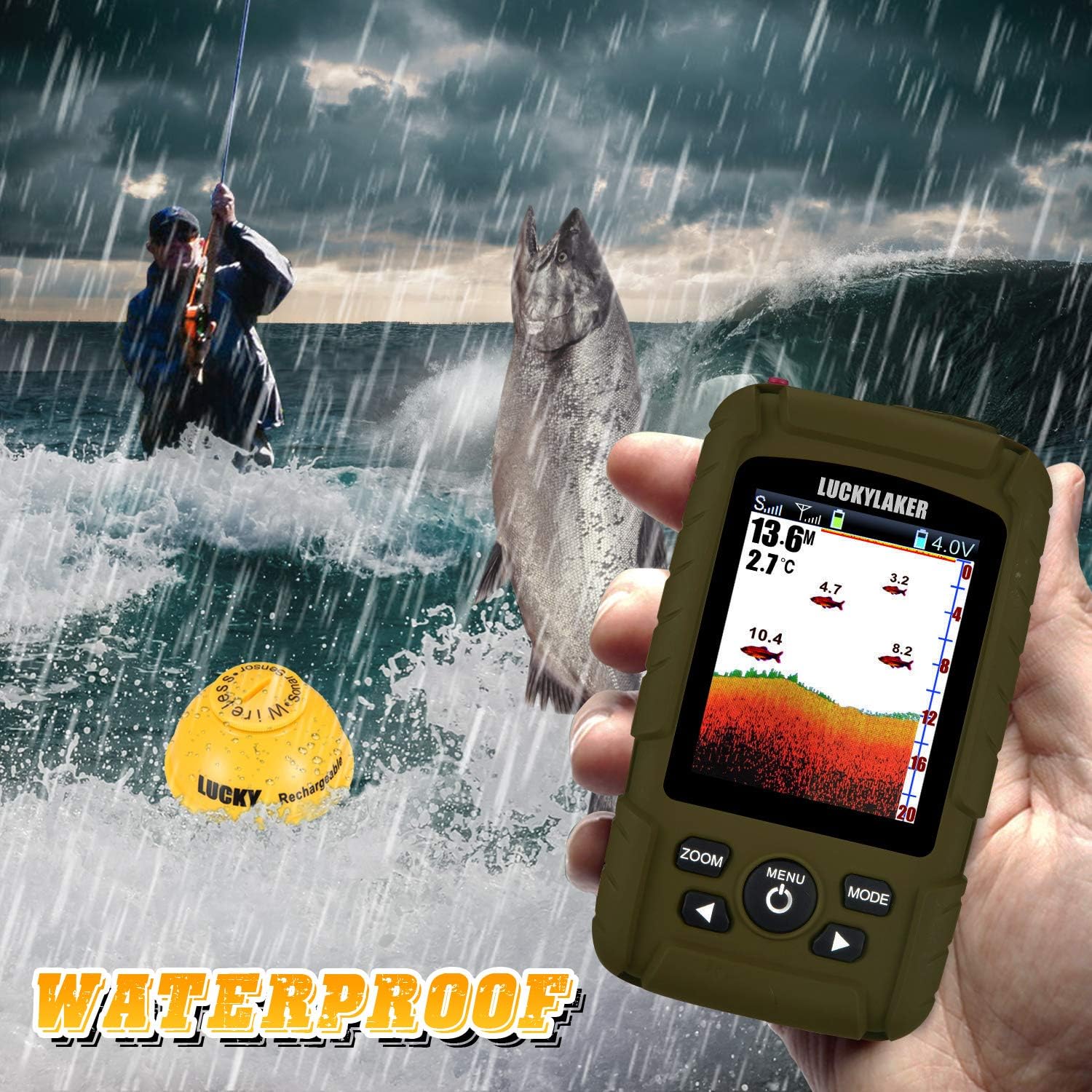 Lucky Portable Sonar Fish Finder Boat Depth Fishing Fish Finders Waterproof Handheld Wireless Fishing Finder Kayak Transducer Depth Finders For Ice Fishing Sea