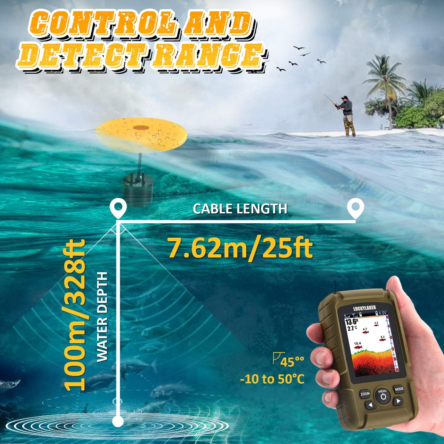 Lucky Water Depth Fish Finders Waterproof Portable Fishing Fish Finder Display Handheld Ice Fishing Finder Sonar Sensor Transducer For Boat Kayak Sea Fishing