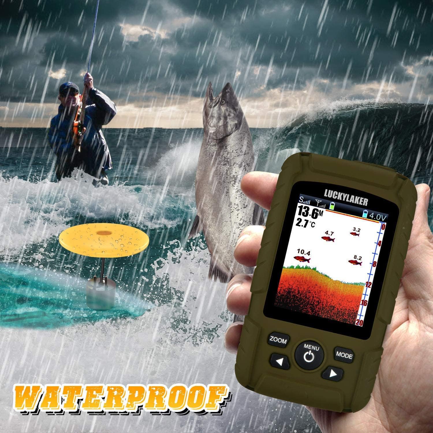 Lucky Water Depth Fish Finders Waterproof Portable Fishing Fish Finder Display Handheld Ice Fishing Finder Sonar Sensor Transducer For Boat Kayak Sea Fishing