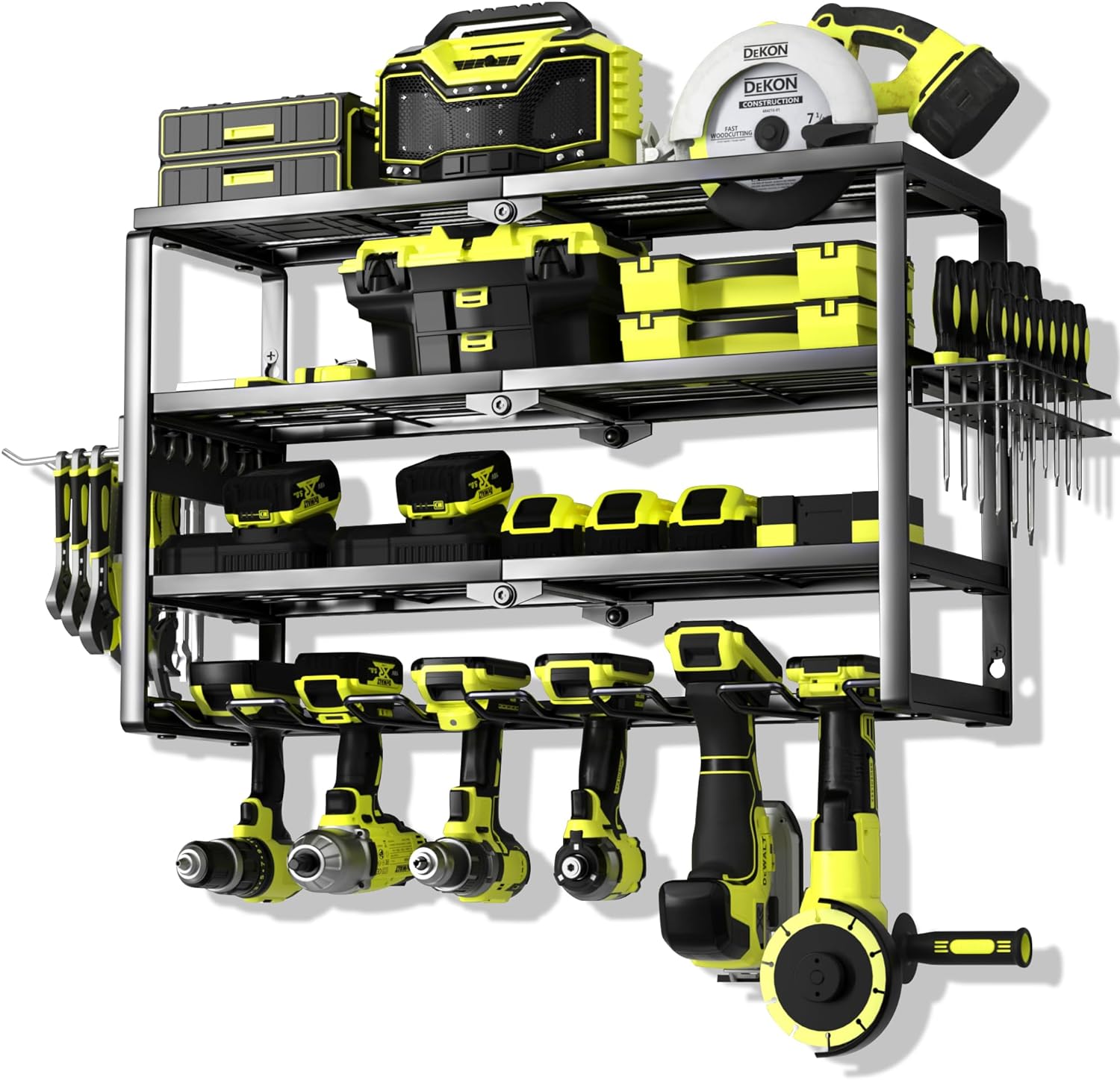 Moomsine 4 Layer Power Tool Organizer Wall Mount, Battery Tools Holder With Charging Station Shelf, Cordless Drill Hanger Storage Rack For Garage Organization, Workshop, Pegboard - 24 Inch 6 Slots