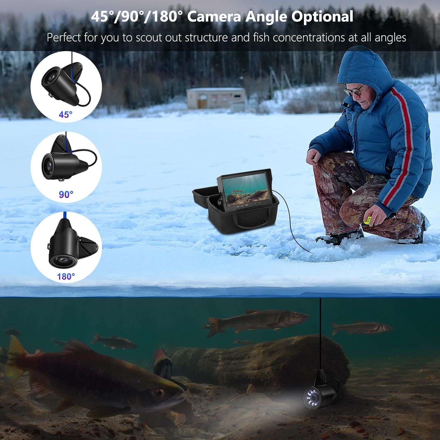 Moqcqgr 2023 Upgrade Underwater Fishing Camera W/Bracket - 7 Inch Ice Fishing Camera Underwater W/ 12Pcs+12Pcs Filling Light, 1200Tvl Portable Ice Fishing Fish Finder For Lake Boat Kayak Ice Fishing