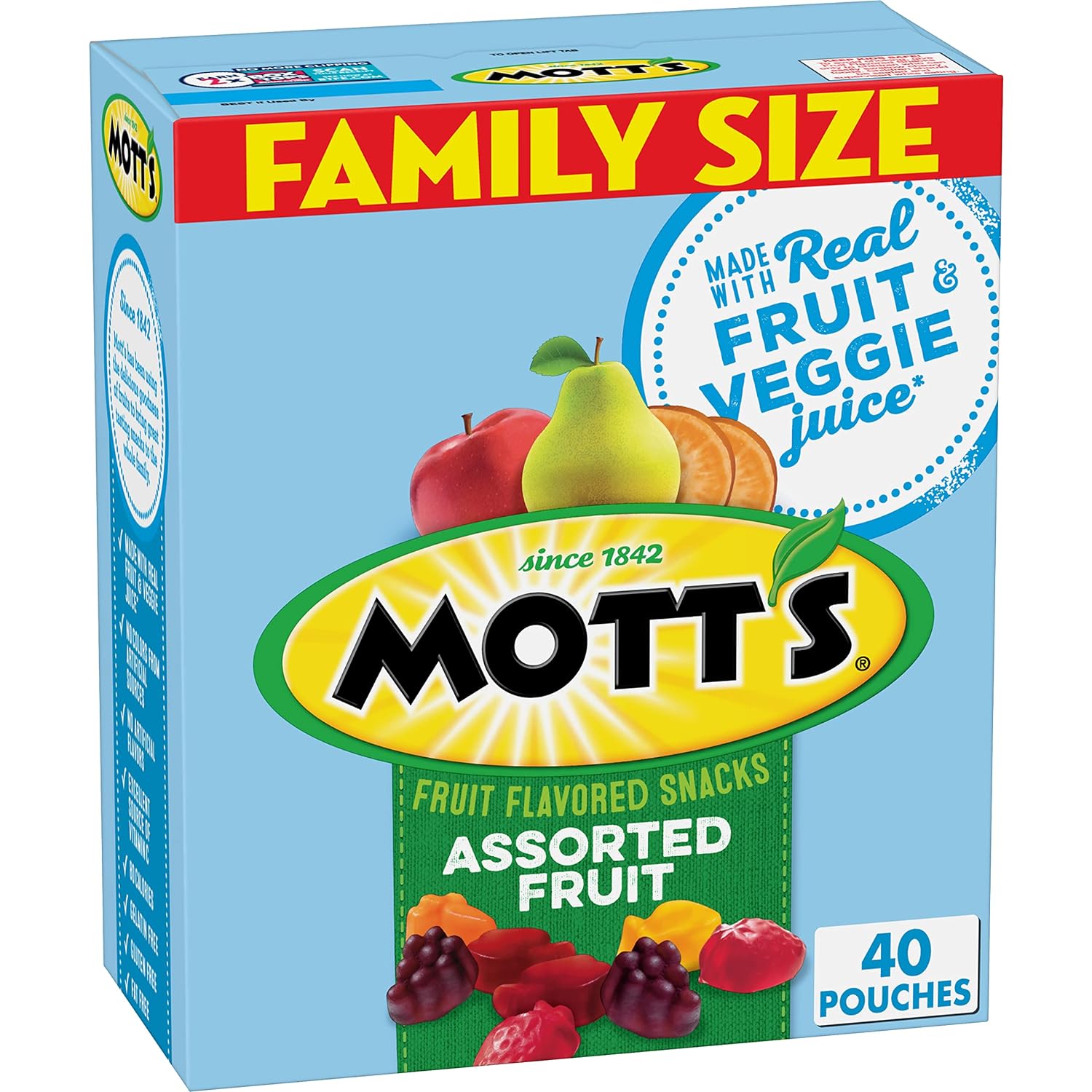 Motts Fruit Flavored Snacks, Assorted Fruit, Pouches, 0.8 Oz, 40 Ct