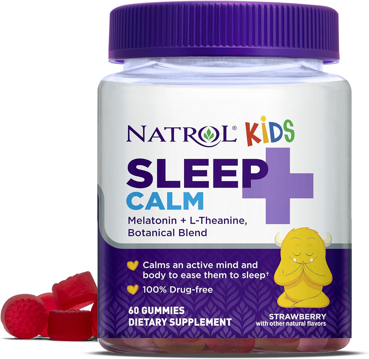 Natrol Kids Sleep+ Calm, Melatonin  L-Theanine, 60 Gummies (30-60 Servings), Drug Free Sleep Aid Supplement For Kids, Calm An Active Mind, Ease To Sleep, Gelatin  Gluten Free, Strawberry Flavored