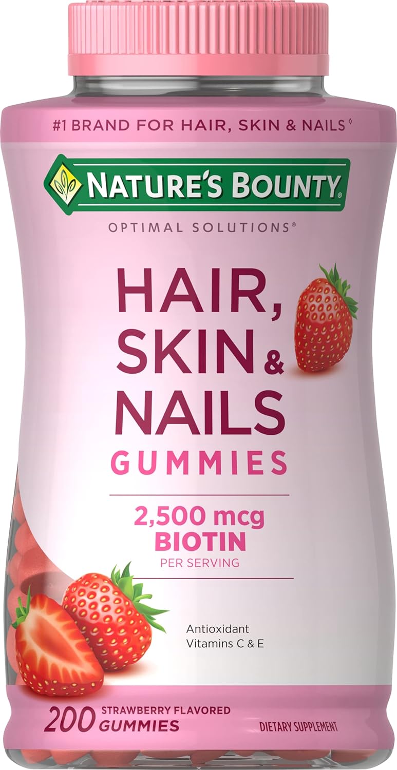 Natures Bounty Optimal Solutions Hair, Skin And Nails Gummies With Biotin, 25000 Mcg, Strawberry Flavored, 200 Count